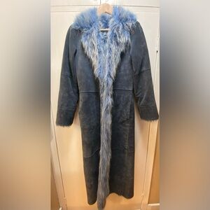 Vintage Newport News Blue Suede Leather Faux Fur Long Coat